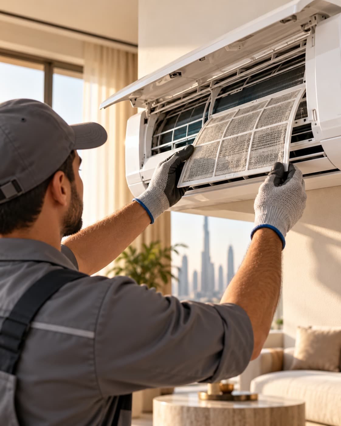 Technician cleaning the filter of a split AC indoor unit