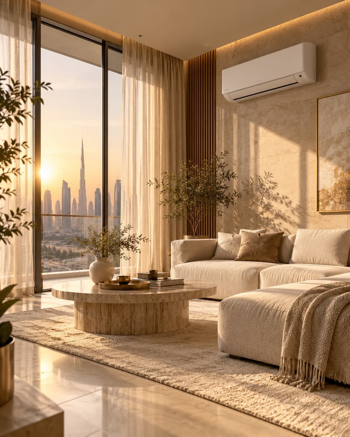Sunlit Al Satwa apartment living room with a wall-mounted split AC and Dubai skyline view