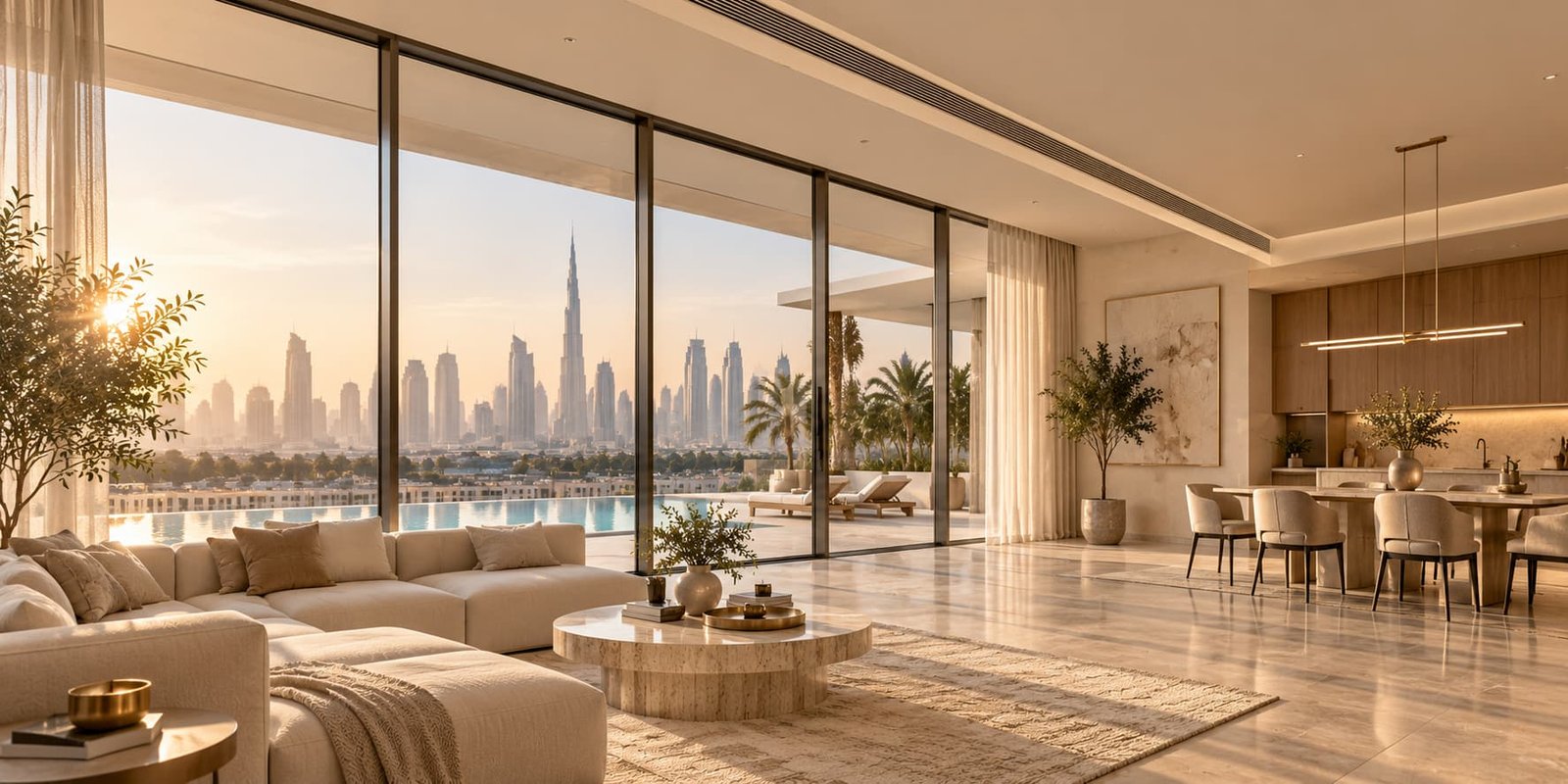 Luxury Dubai home with ceiling AC diffusers, floor-to-ceiling windows and a view of the Burj Khalifa