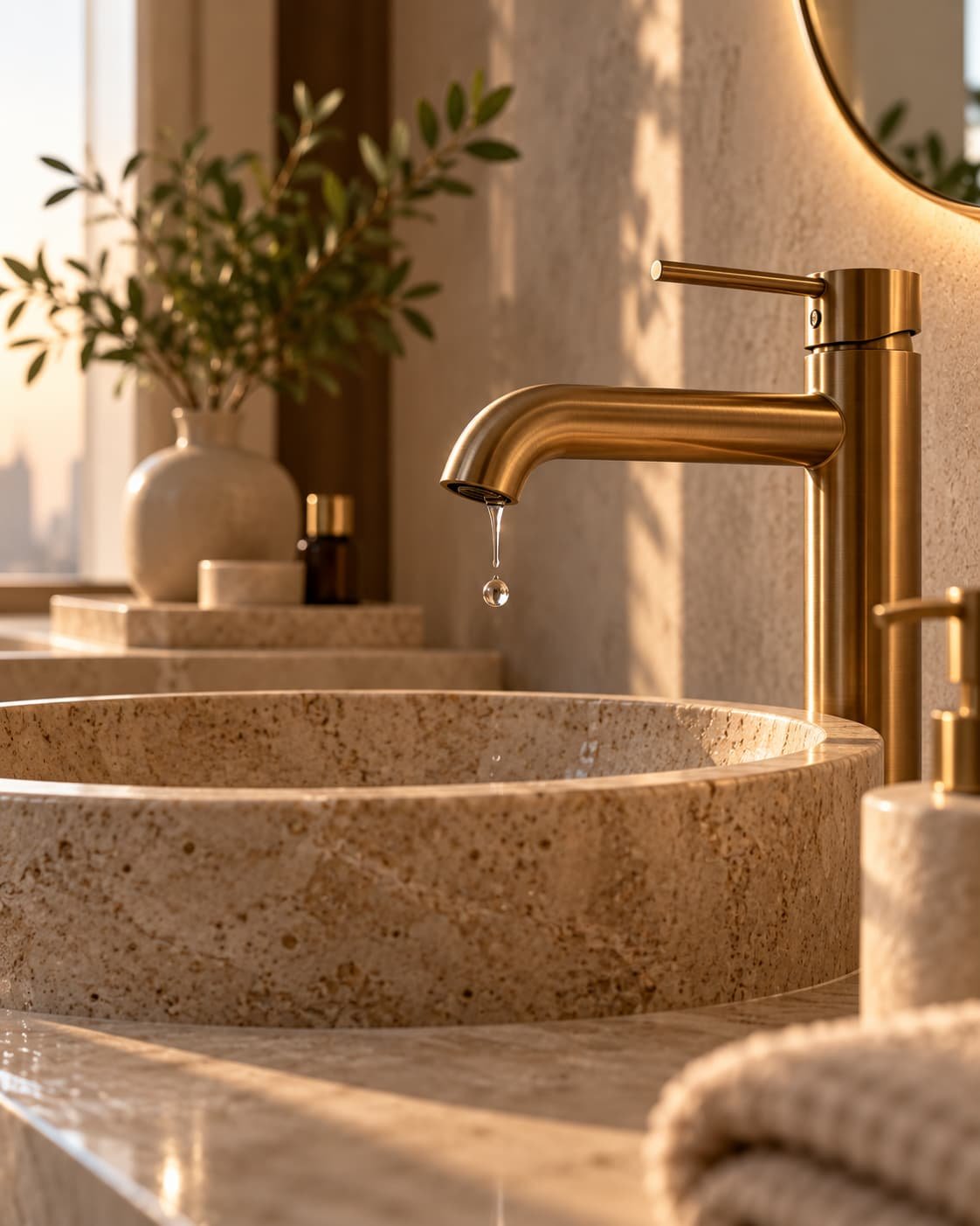 Brushed brass tap over a stone basin after a plumbing repair in a Dubai bathroom